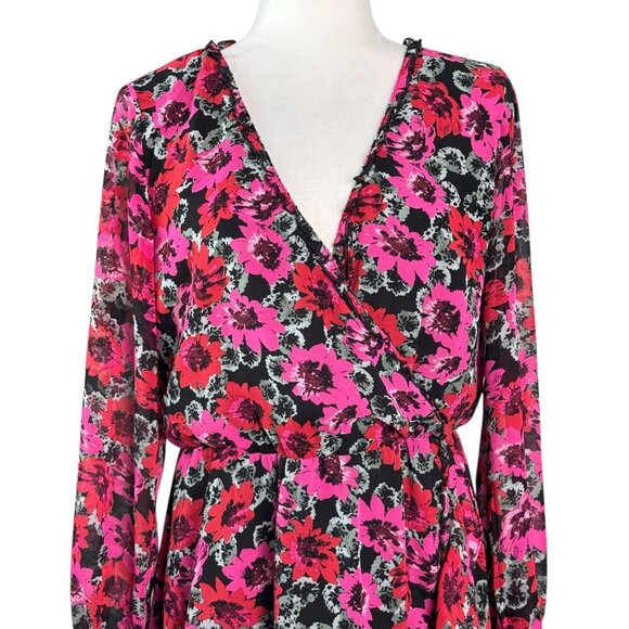 H&M Divided Red Fuchsia Pink Black Floral Faux Wrap Long Sleeve Dress Size M - Picture 4 of 10